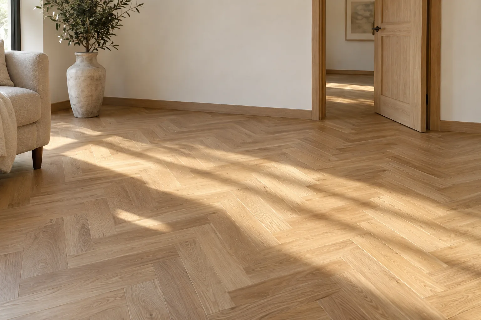 Herringbone parquet flooring in natural sunlight