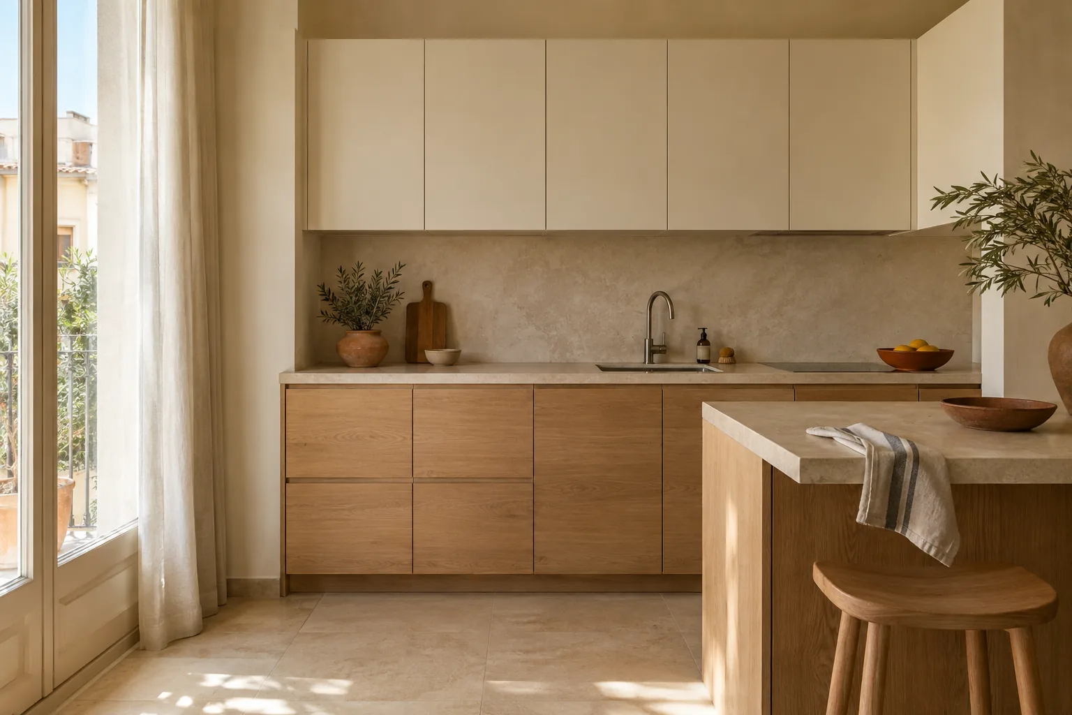 Oak kitchen with a light stone worktop