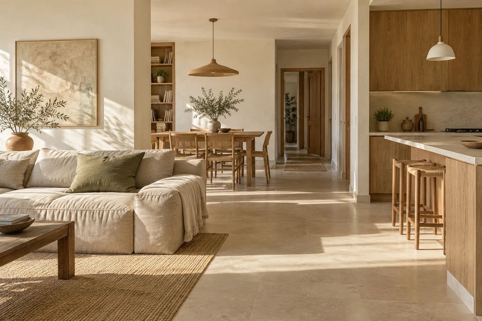 Warm living room opening onto a kitchen