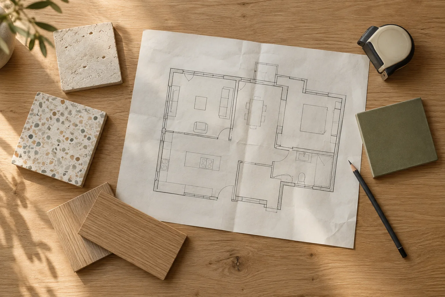 Plànol d’habitatge, mostres de materials i eines de mesurament