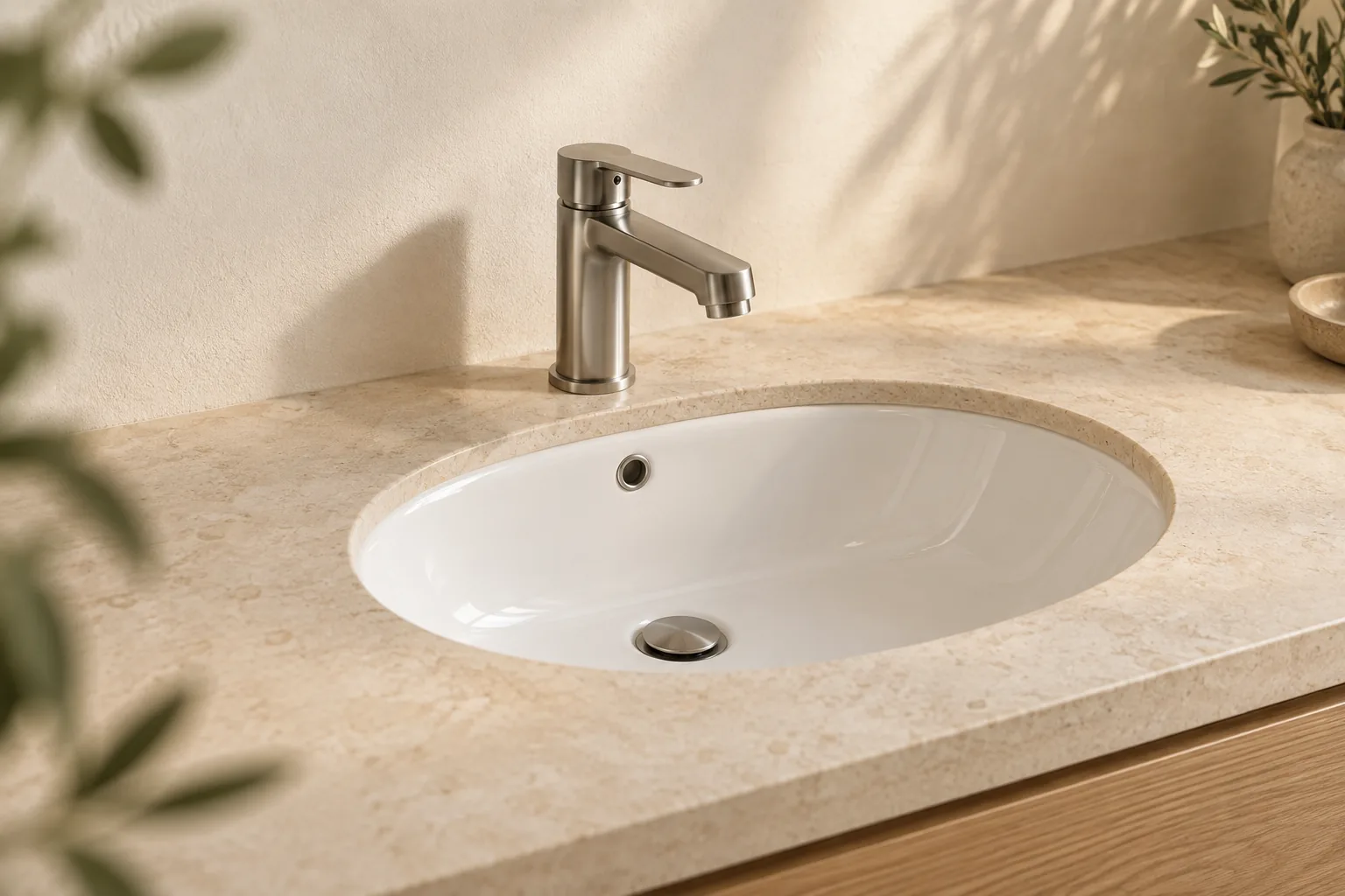 A single-lever mixer tap and white basin set in a light stone worktop.